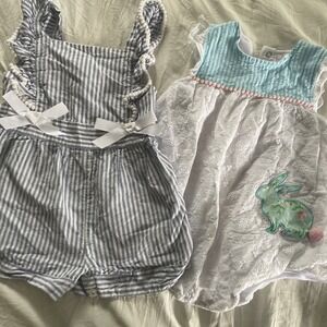 18 Month Baby Summer Rompers Blue White Stripes And Bunnies Baby Outfit Set Of 2